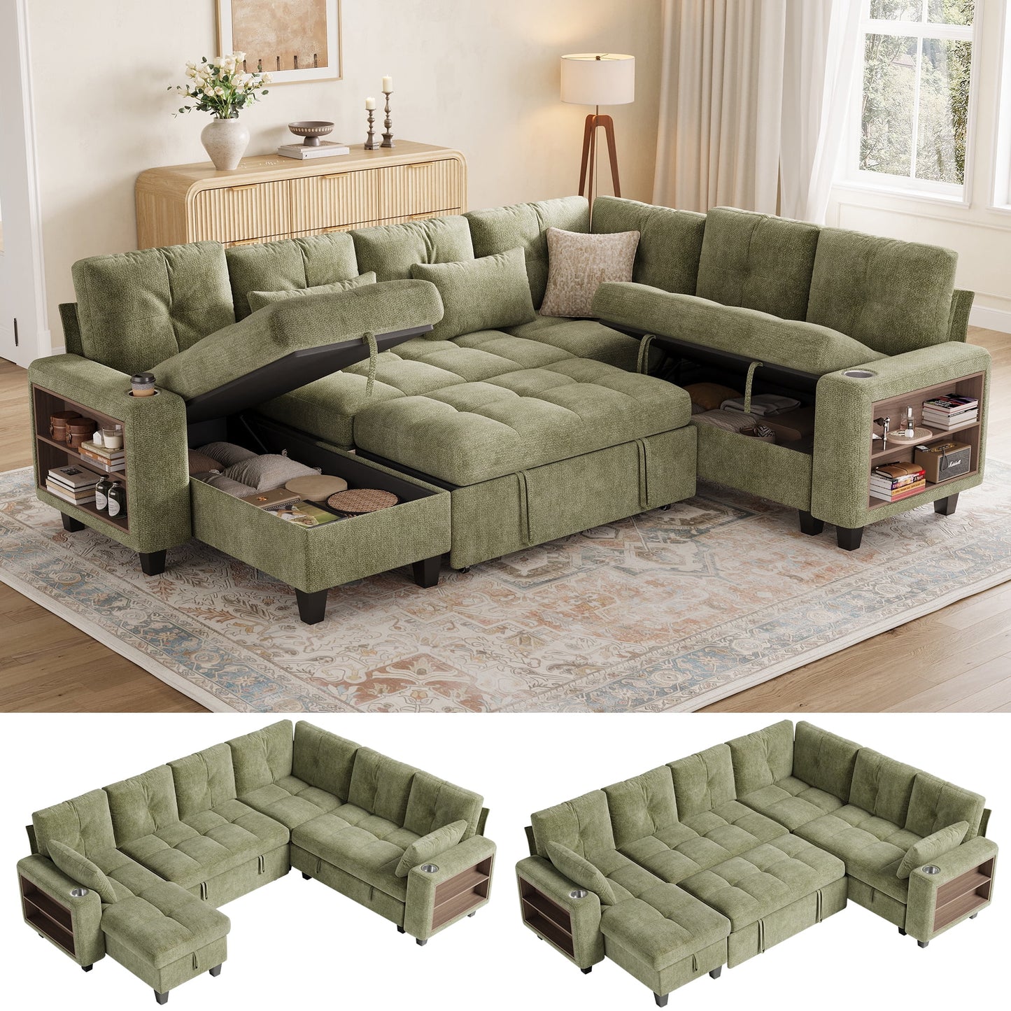 LINSY HOME 107in Modular Sectional Sofa with Pull Out Bed, Multi-functional Armrest & Storage Chaise, 6-Seat Pull Out Couch with Shelves, USB Ports & Cup Holders, Chenille Green