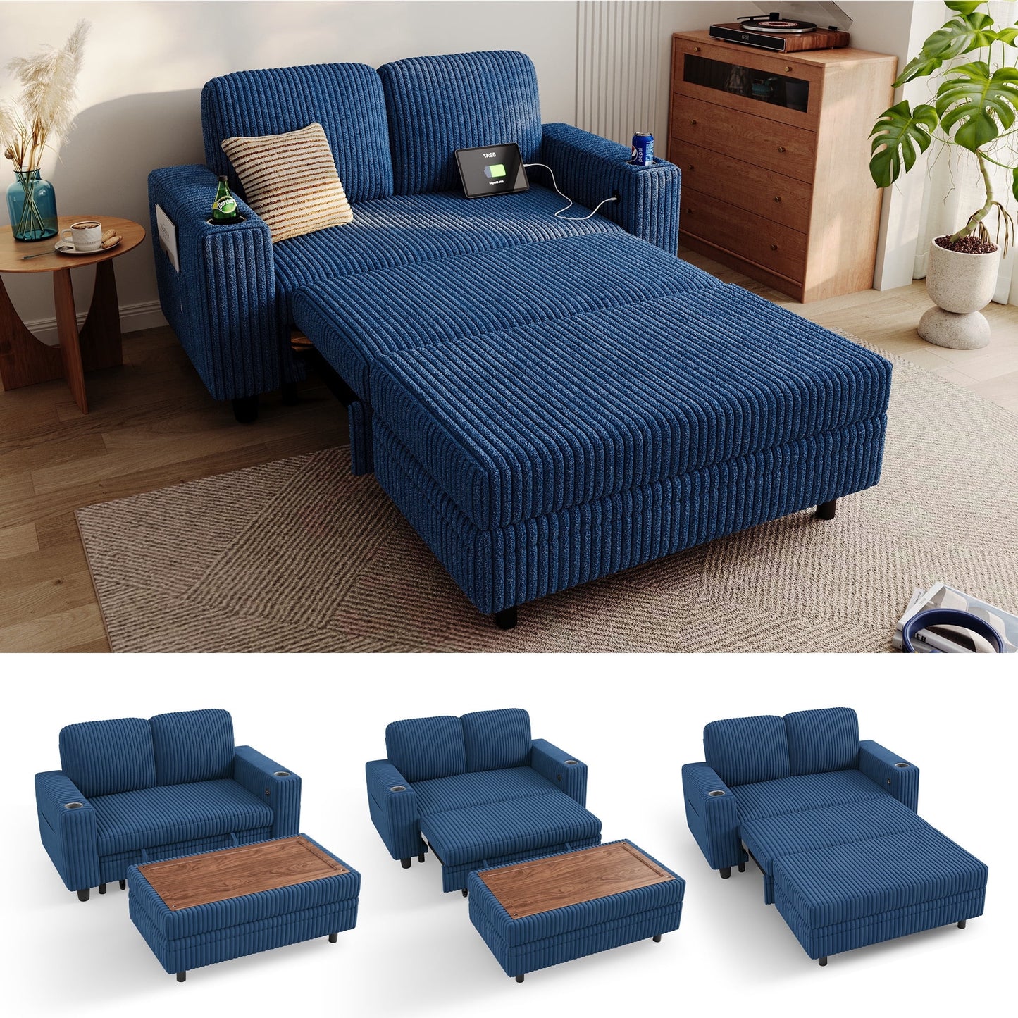 LINSY HOME Pull Out Couch Chaise Lounge, Plush Corduroy Convertible Loveseat Sofa Couch with Storage Ottoman