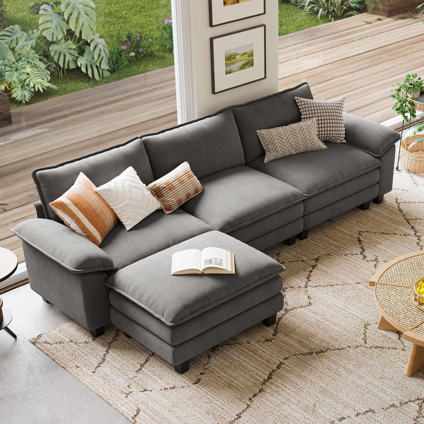 Linsy Home 123in Cloud Modular Sectional Sofa for Living Room, L-Shaped Cloud Sofa Couch with Corduroy Fabric, 3 Seat Oversized Couch with Movable Ottoman