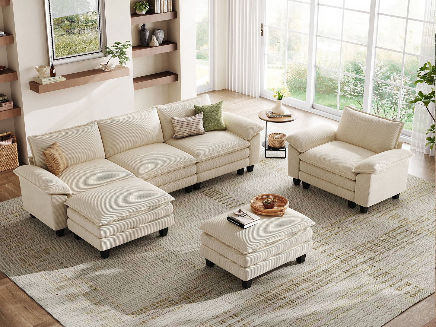 Linsy Home Oversized 4-Piece Sofa Set for Living Room, Comfy Corduroy Living Room Furniture Set Include Sectional Couch, Accent Chair and 2 Movable Ottomans