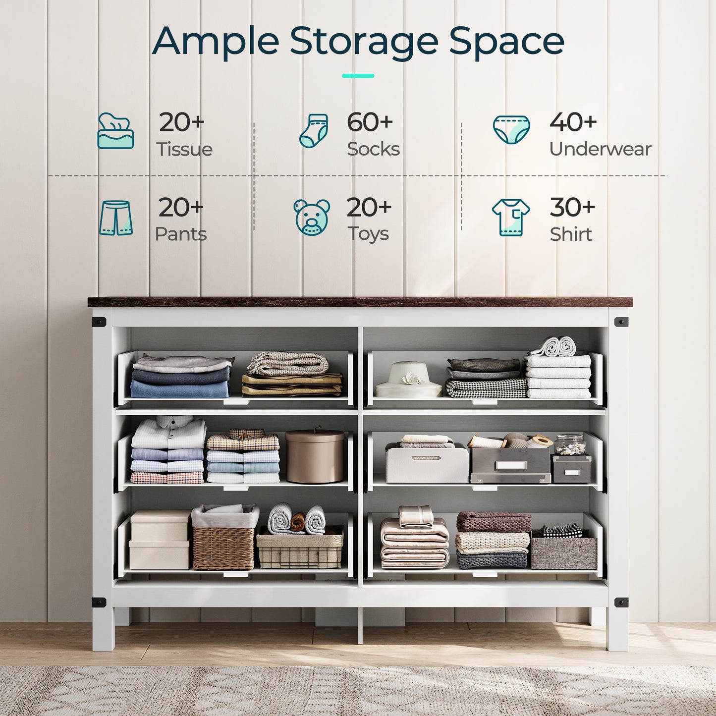 Dresser for Bedroom, Modern Dressers with Spacious Storage and Metal Handles