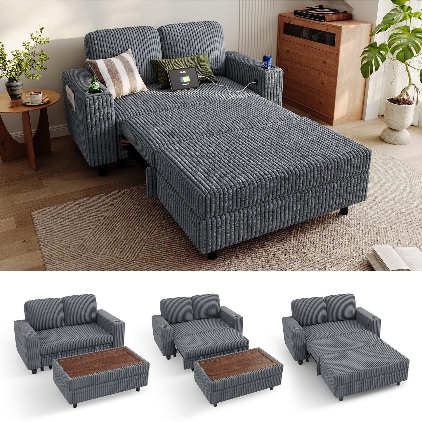 Plush Corduroy Convertible Loveseat Sofa Couch with Storage Ottoman