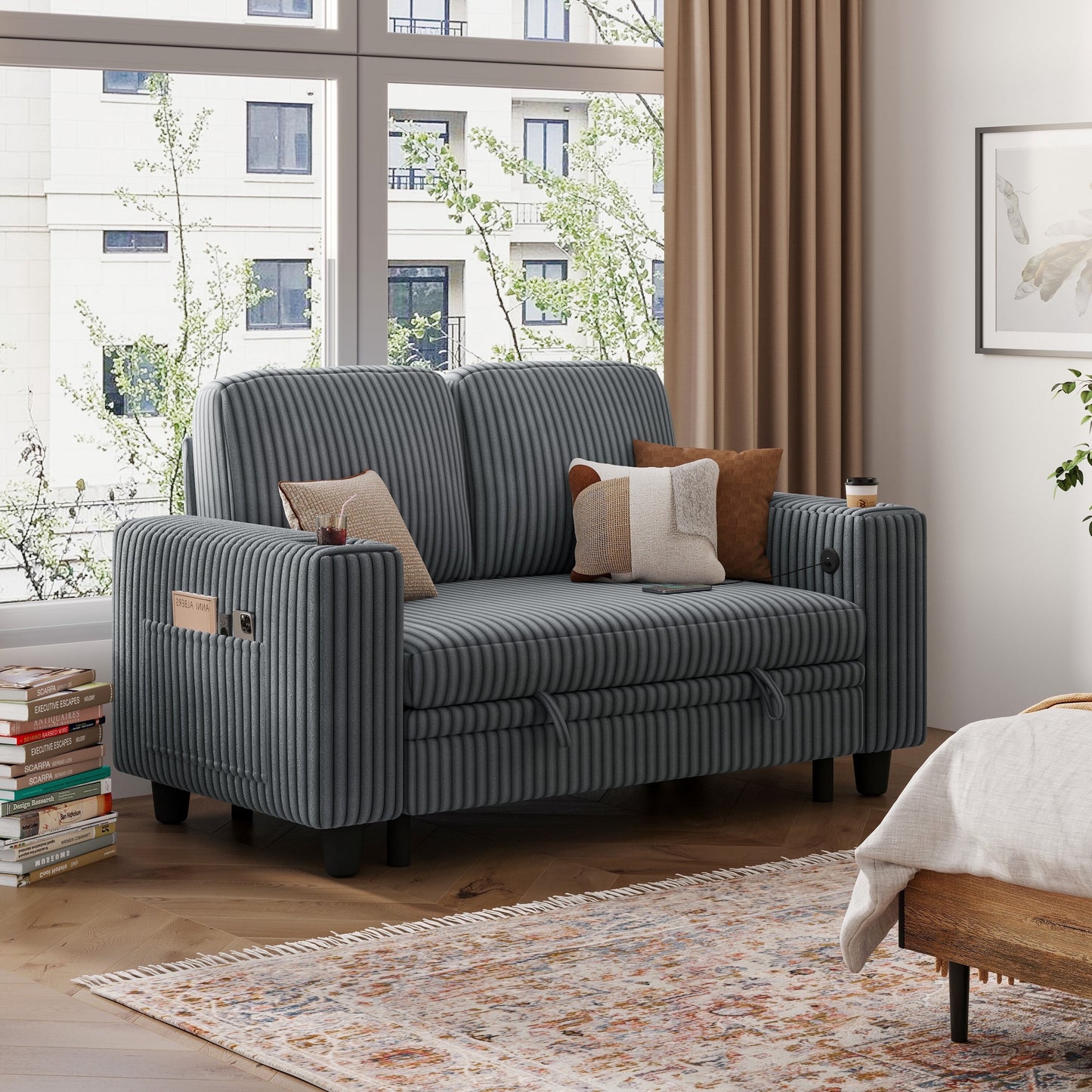 LINSY HOME Loveseat Sofa Couch for Living Room, 2 Seaterss Sofa Couch with USB & Cup Holder, Easy Assembly