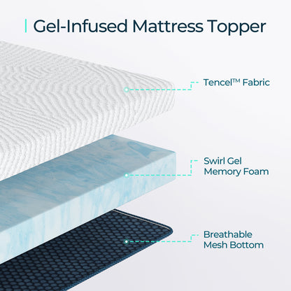 Mattress Topper with Tencel Cover, Cooling Gel-Infused Swirl Memory Foam,  CertiPUR-US and Oeko-TEX Certified White