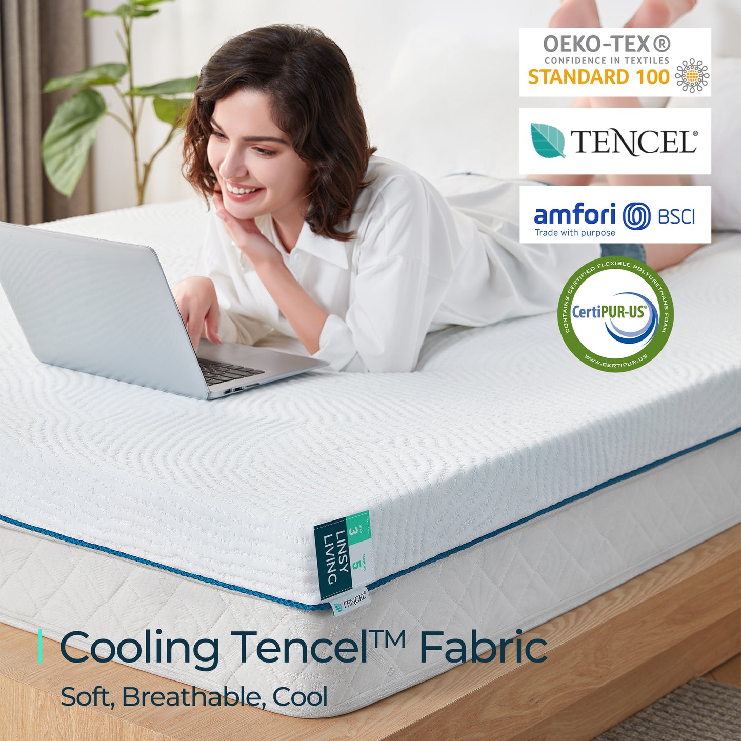 Mattress Topper with Tencel Cover, Cooling Gel-Infused Swirl Memory Foam,  CertiPUR-US and Oeko-TEX Certified White