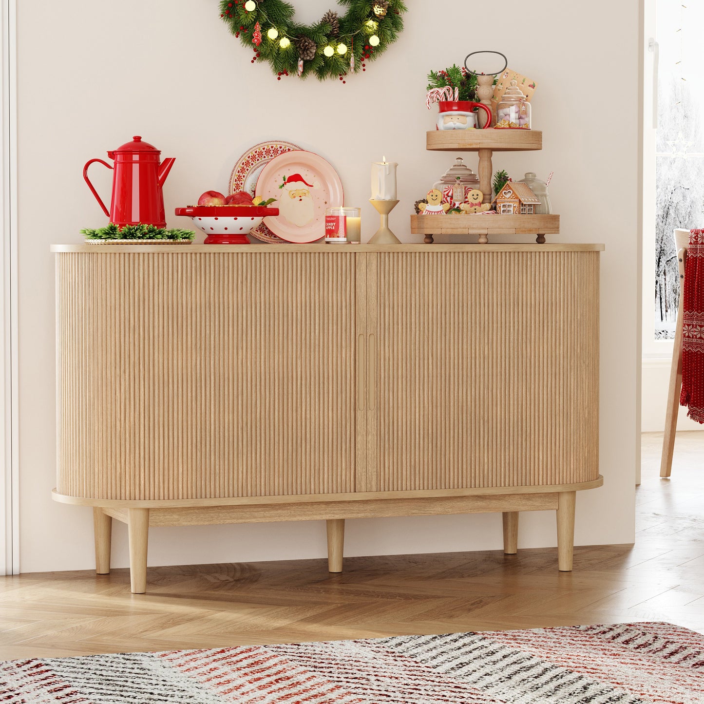 Fluted Sideboard Cabinet with Sliding Tambour Doors, Wide Storage Buffet with Adjustable Shelves for Kitchen, Dining, or Living Room