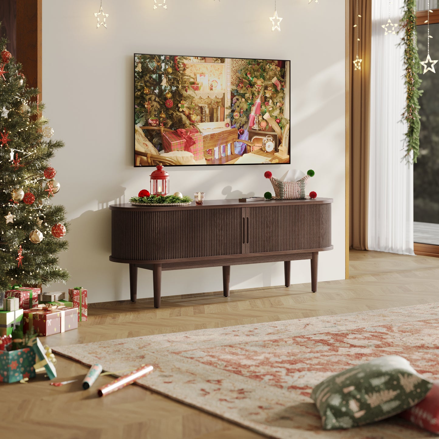 Fluted TV Stand for 65" TVs, Mid-Century Entertainment Center with Sliding Tambour Door & Adjustable Shelves