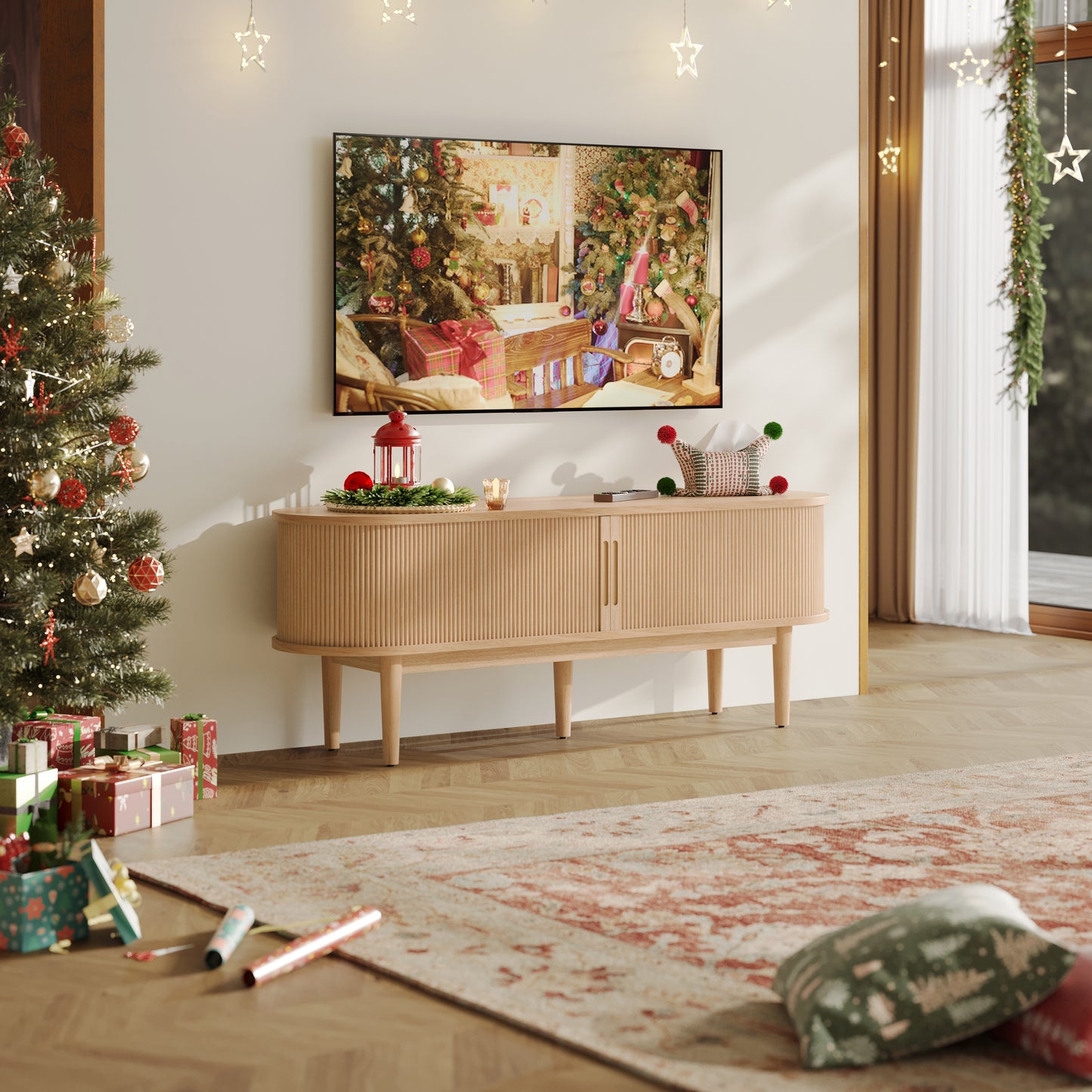 Fluted TV Stand for 65" TVs, Mid-Century Entertainment Center with Sliding Tambour Door & Adjustable Shelves