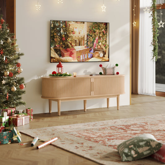 Fluted TV Stand for 65" TVs, Mid-Century Entertainment Center with Sliding Tambour Door & Adjustable Shelves