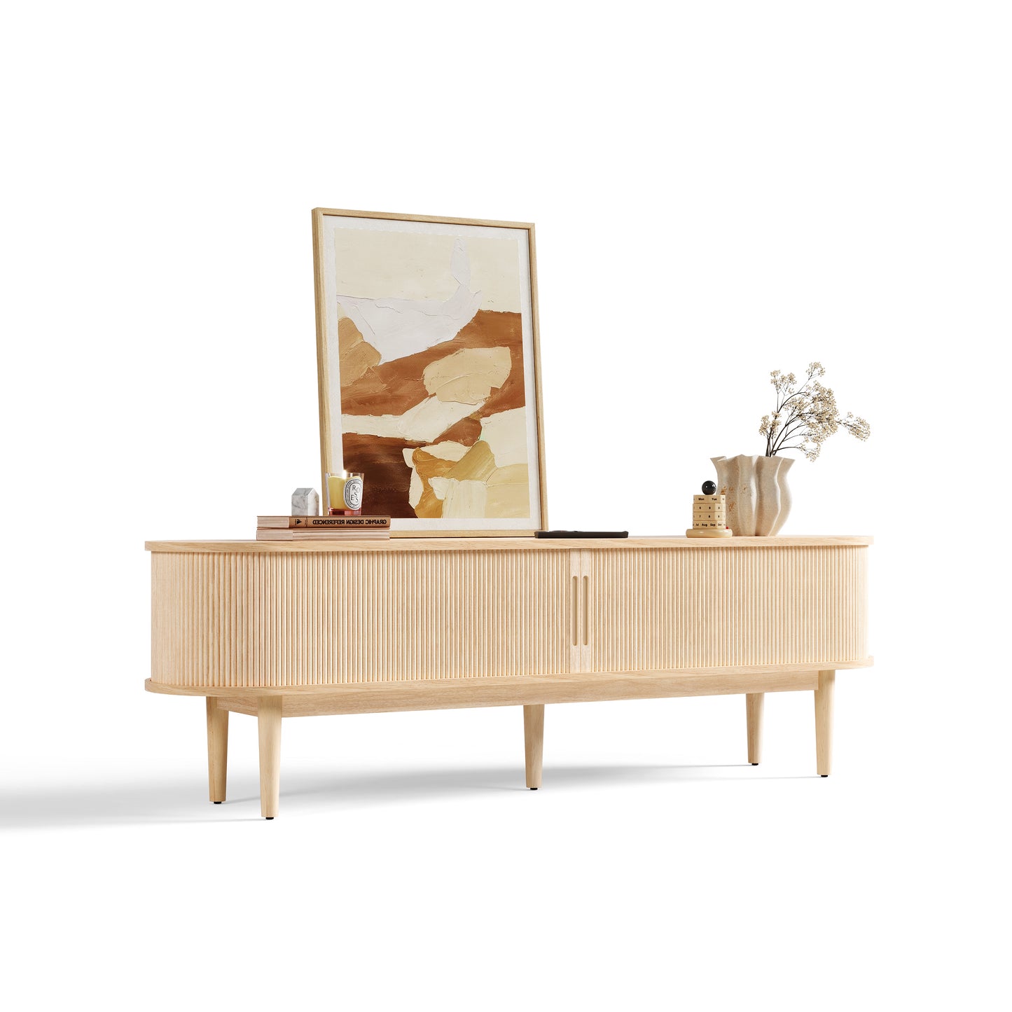 Fluted TV Stand for 65" TVs, Mid-Century Entertainment Center with Sliding Tambour Door & Adjustable Shelves