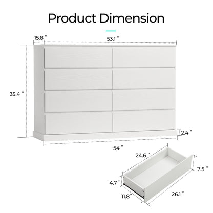 Modern Wooden Dresser Cabinet, 54" Wide 8/9/10 Drawer Chest of Drawers, Large Storage Organizer for Bedroom, Closet, and Living Room