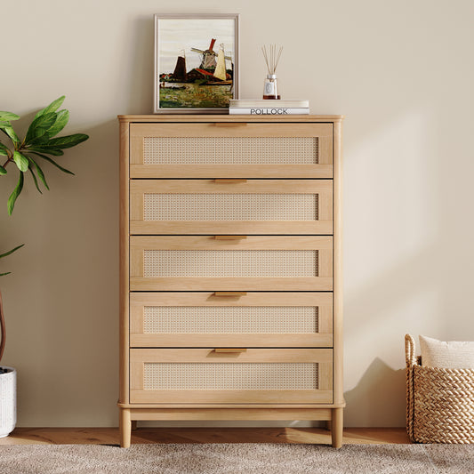 Modern Large Rattan Dresser with Deep Storage Drawers and Metal Pulls for Bedroom or Entryway