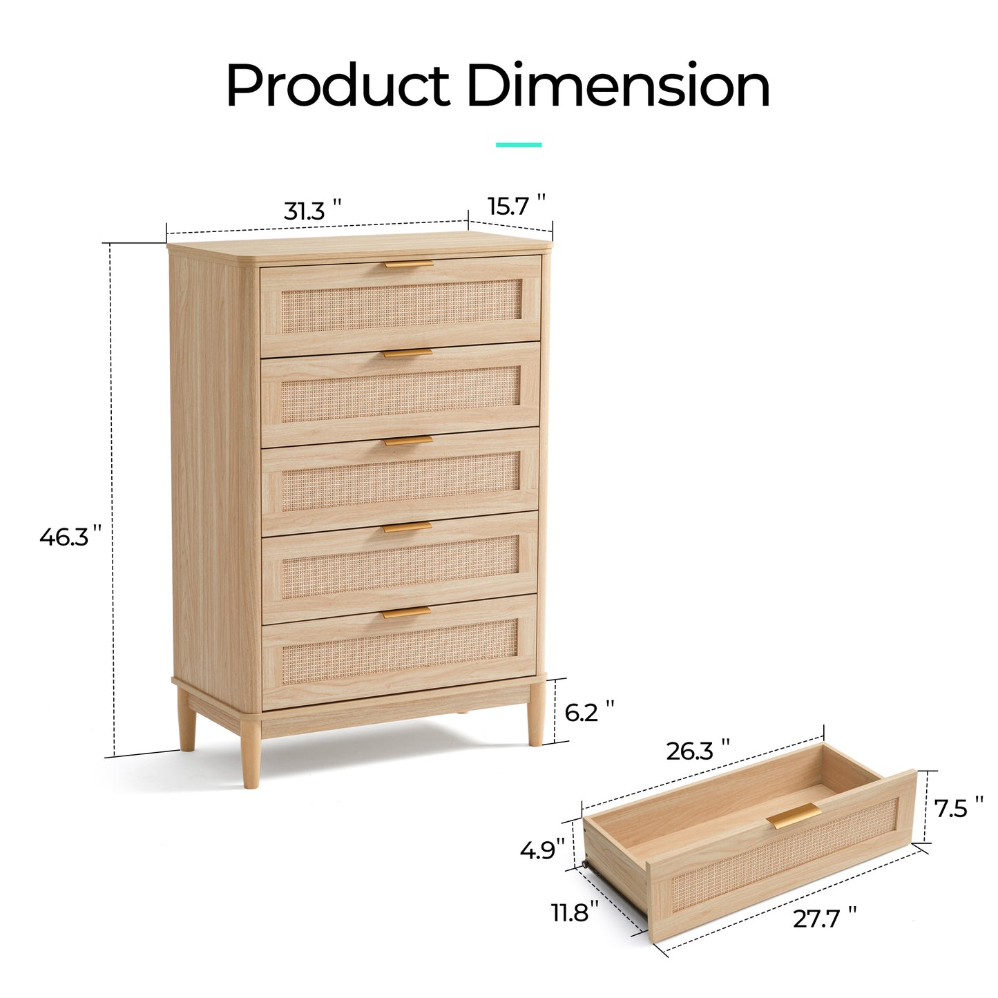 Modern Large Rattan Dresser with Deep Storage Drawers and Metal Pulls for Bedroom or Entryway