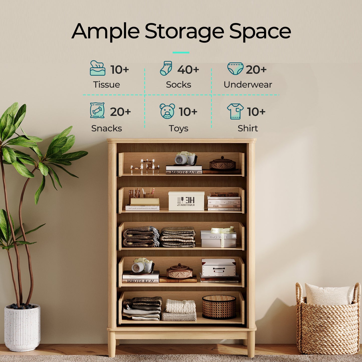 Modern Large Rattan Dresser with Deep Storage Drawers and Metal Pulls for Bedroom or Entryway