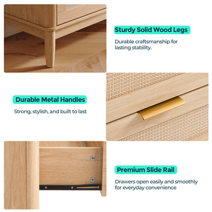 Modern Large Rattan Dresser with Deep Storage Drawers and Metal Pulls for Bedroom or Entryway