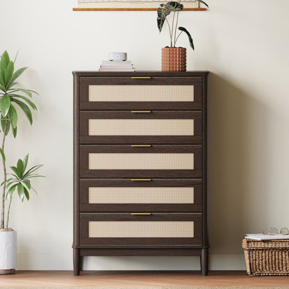 Modern Large Rattan Dresser with Deep Storage Drawers and Metal Pulls for Bedroom or Entryway