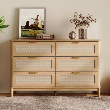 Modern Large Rattan Dresser with Deep Storage Drawers and Metal Pulls for Bedroom or Entryway