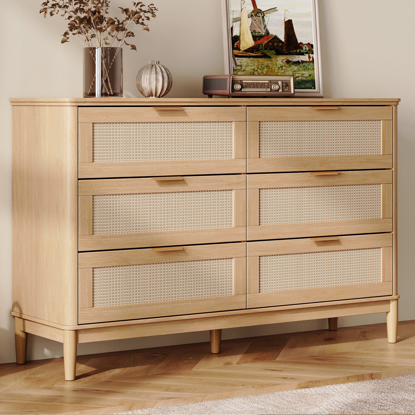 Modern Large Rattan Dresser with Deep Storage Drawers and Metal Pulls for Bedroom or Entryway