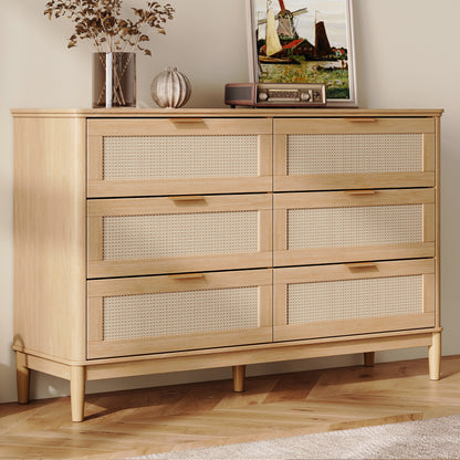 Modern Large Rattan Dresser with Deep Storage Drawers and Metal Pulls for Bedroom or Entryway