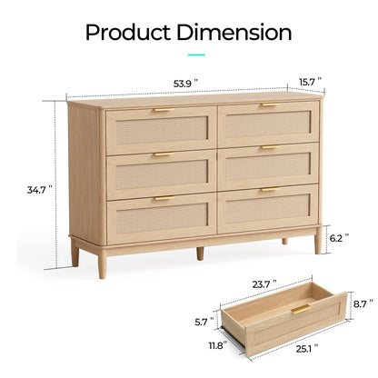 Modern Large Rattan Dresser with Deep Storage Drawers and Metal Pulls for Bedroom or Entryway