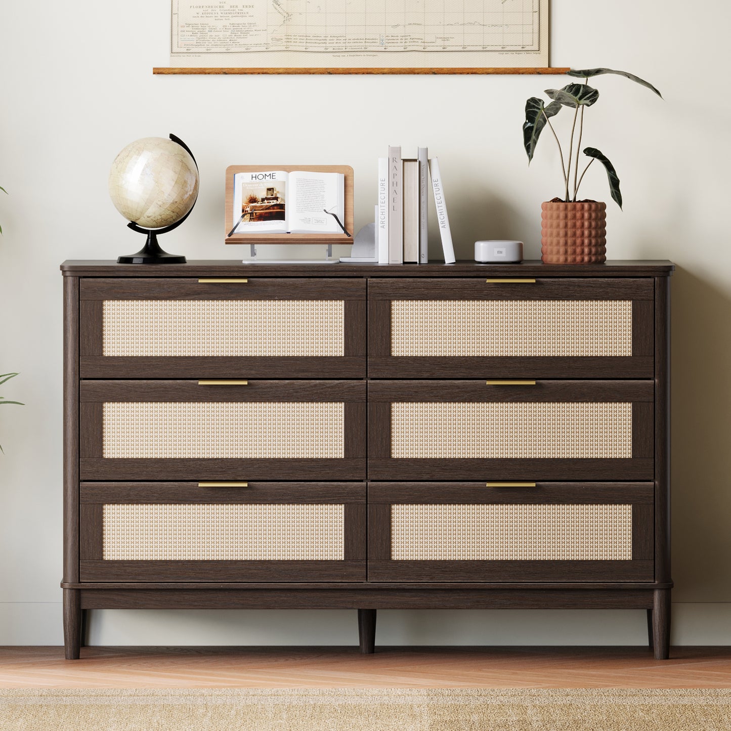 Modern Large Rattan Dresser with Deep Storage Drawers and Metal Pulls for Bedroom or Entryway