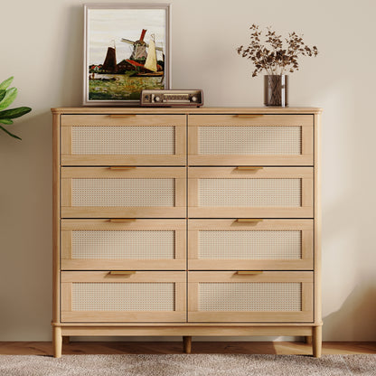 Modern Large Rattan Dresser with Deep Storage Drawers and Metal Pulls for Bedroom or Entryway