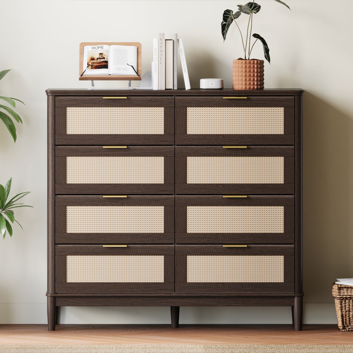 Modern Large Rattan Dresser with Deep Storage Drawers and Metal Pulls for Bedroom or Entryway