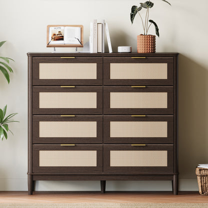 Modern Large Rattan Dresser with Deep Storage Drawers and Metal Pulls for Bedroom or Entryway
