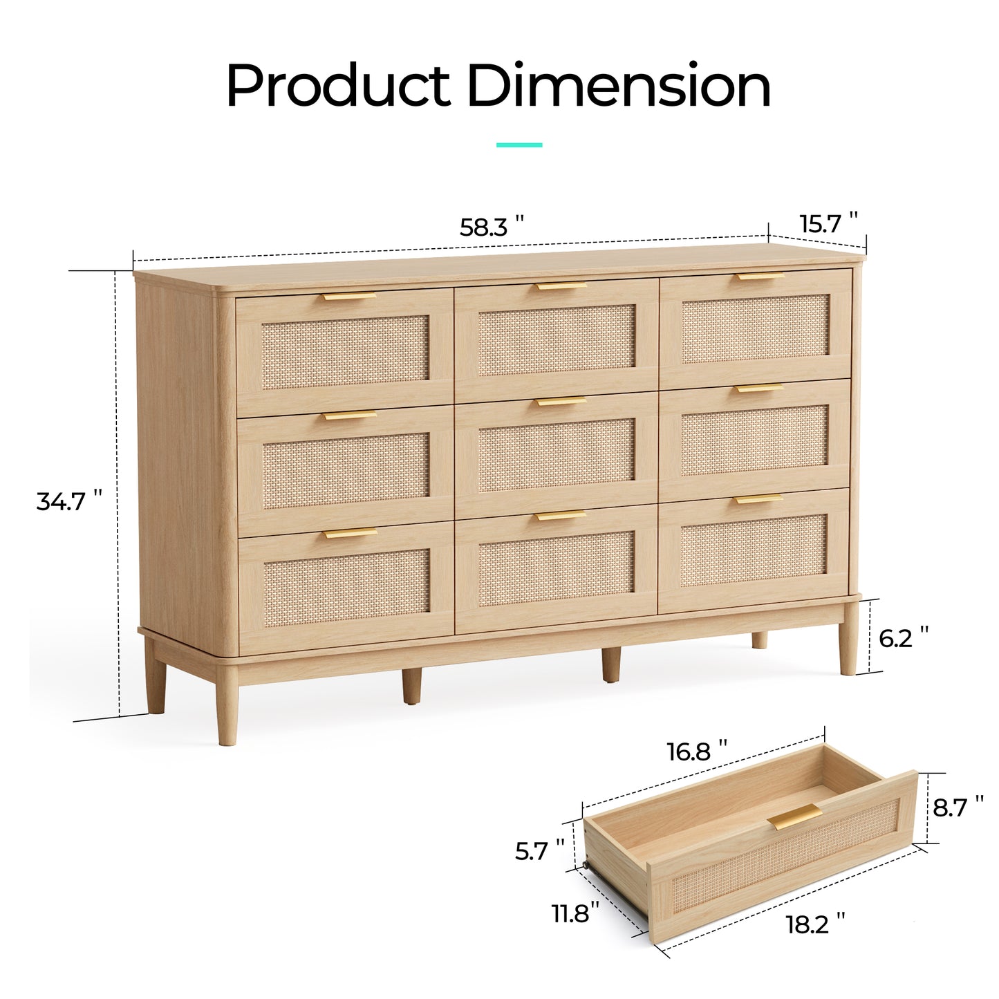Modern Large Rattan Dresser with Deep Storage Drawers and Metal Pulls for Bedroom or Entryway