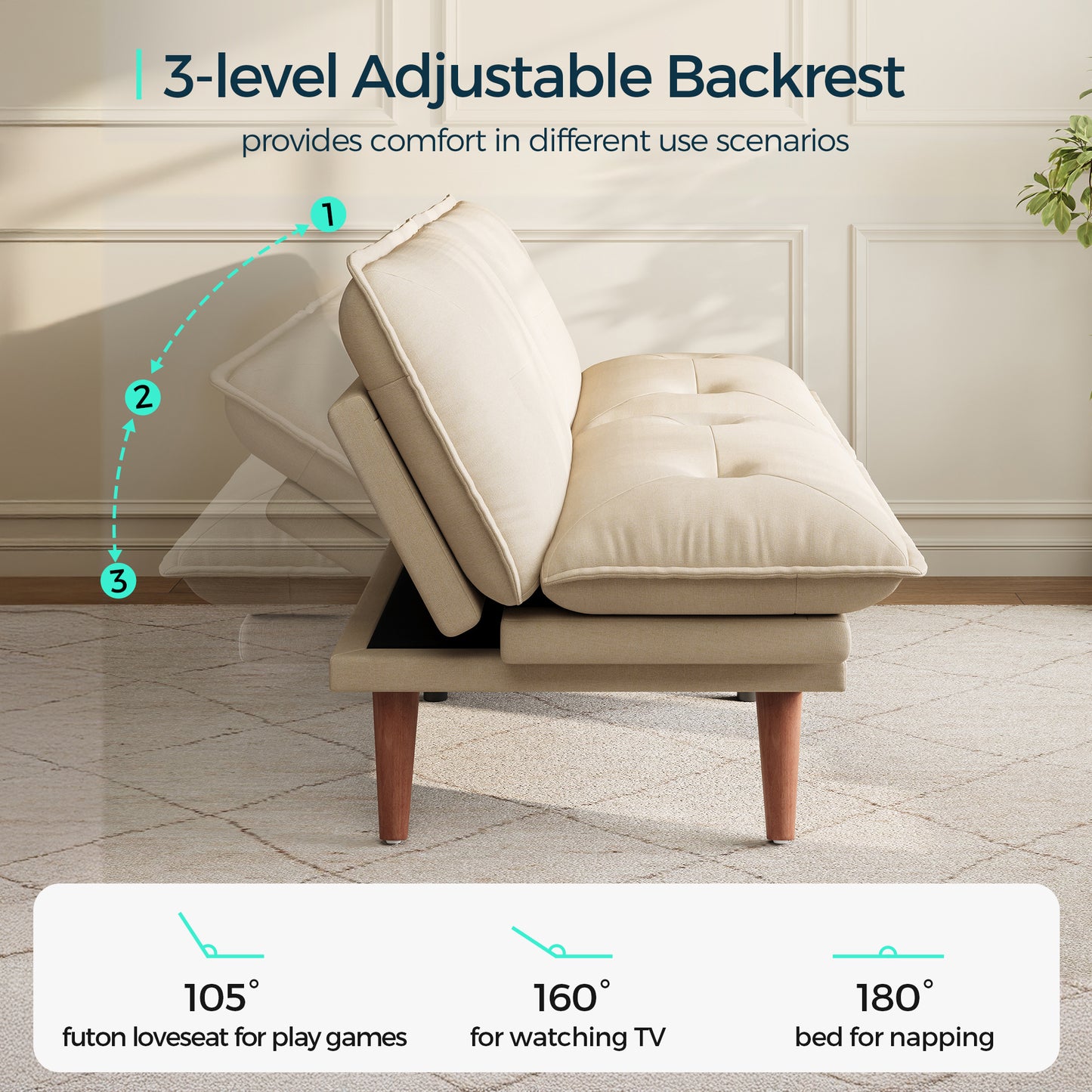 Linsy HS014A1 Futon Couch with Adjustable Backrest and Armrest, Comfy Loveseat Convertible Folding Sleeper Sofa Couches for Small Spaces Living Rooms Apartment Office