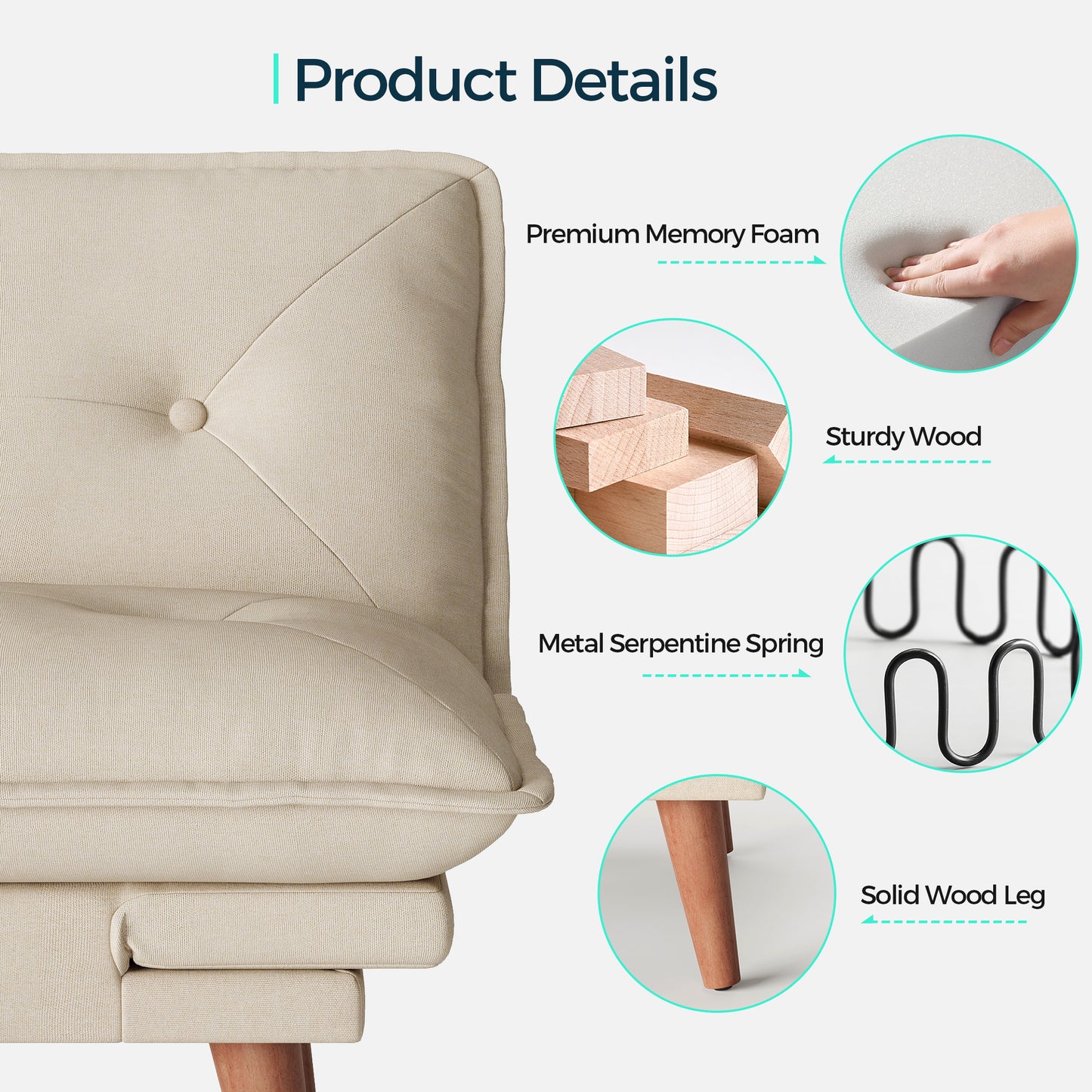 Linsy HS014A1 Futon Couch with Adjustable Backrest and Armrest, Comfy Loveseat Convertible Folding Sleeper Sofa Couches for Small Spaces Living Rooms Apartment Office