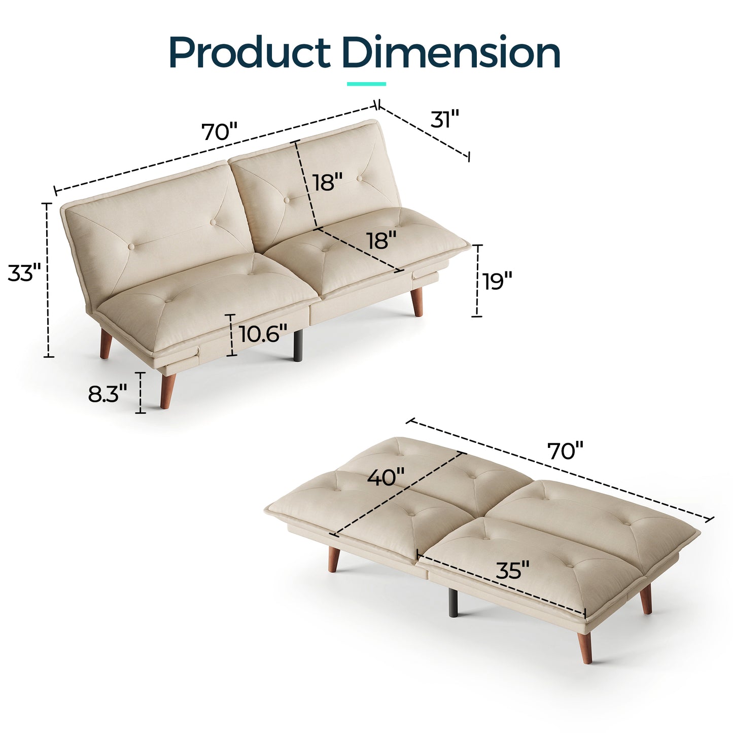 Linsy HS014A1 Futon Couch with Adjustable Backrest and Armrest, Comfy Loveseat Convertible Folding Sleeper Sofa Couches for Small Spaces Living Rooms Apartment Office