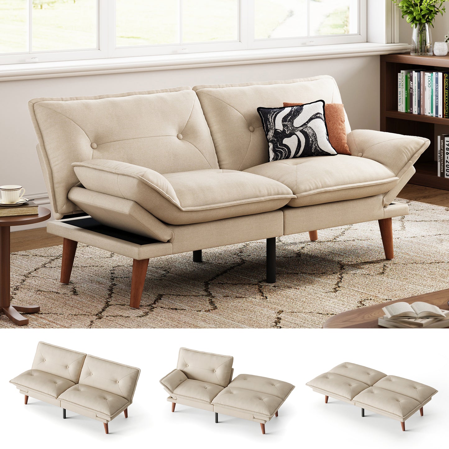 Linsy HS014A1 Futon Couch with Adjustable Backrest and Armrest, Comfy Loveseat Convertible Folding Sleeper Sofa Couches for Small Spaces Living Rooms Apartment Office