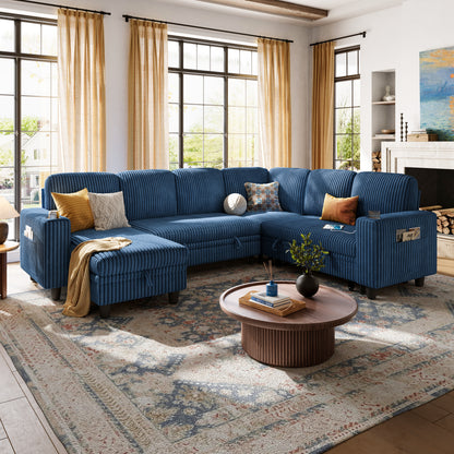 6 Seats with 2 Ottomans, Convertible Plush Corduroy Cloud Couch