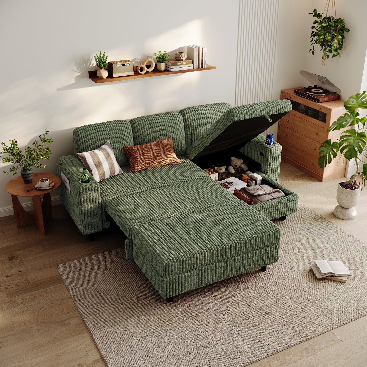 3 Seats with Ottoman, Convertible Plush Corduroy Cloud Couch