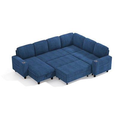 6 Seats with 2 Ottomans, Convertible Plush Corduroy Cloud Couch