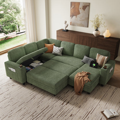 6 Seats with 2 Ottomans, Convertible Plush Corduroy Cloud Couch