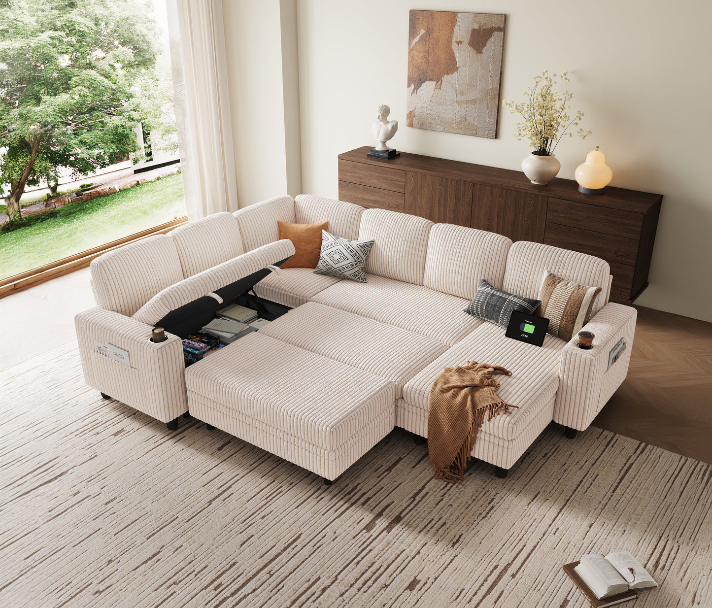 6 Seats with 2 Ottomans, Convertible Plush Corduroy Cloud Couch