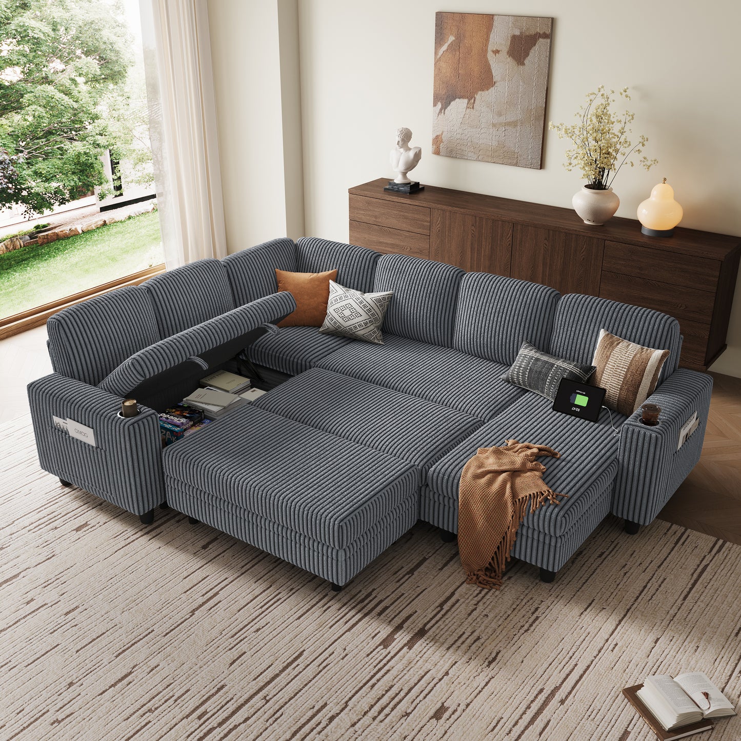 6 Seats with 2 Ottomans, Convertible Plush Corduroy Cloud Couch