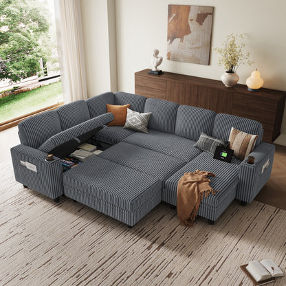 6 Seats with 2 Ottomans, Convertible Plush Corduroy Cloud Couch