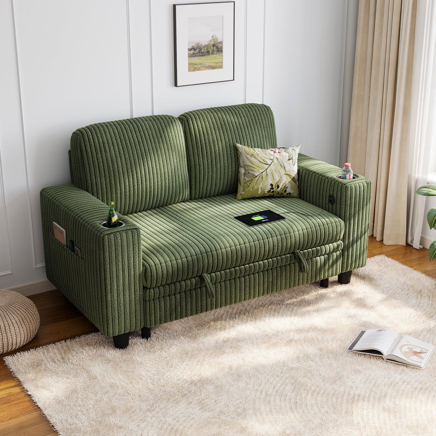 Loveseat Sofa with Storage - Comfy Plush Corduroy 2 Seater Sofa