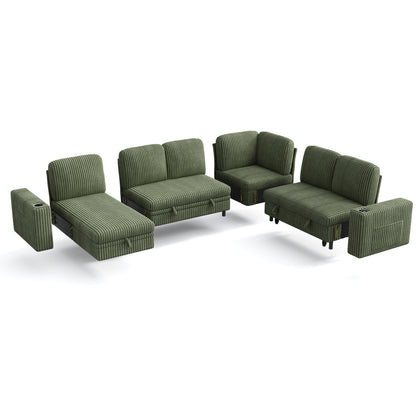 6 Seats with 2 Ottomans, Convertible Plush Corduroy Cloud Couch