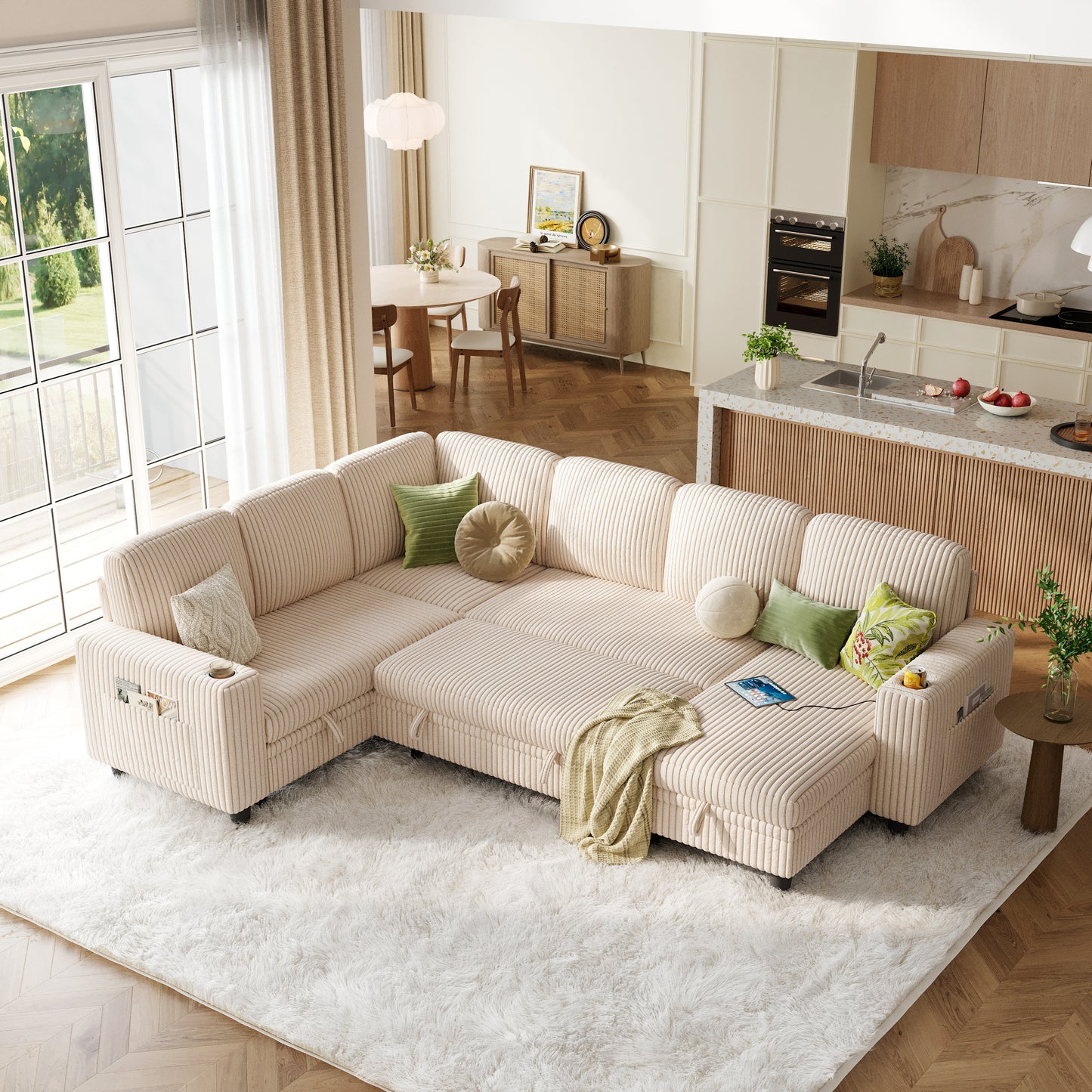 6 Seats with 2 Ottomans, Convertible Plush Corduroy Cloud Couch