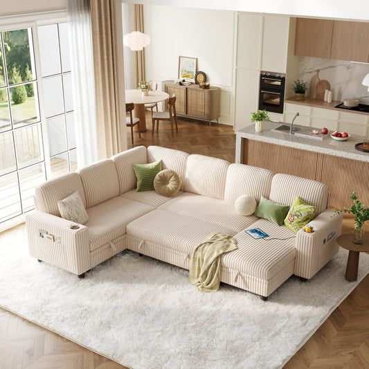 6 Seats with 2 Ottomans, Convertible Plush Corduroy Cloud Couch