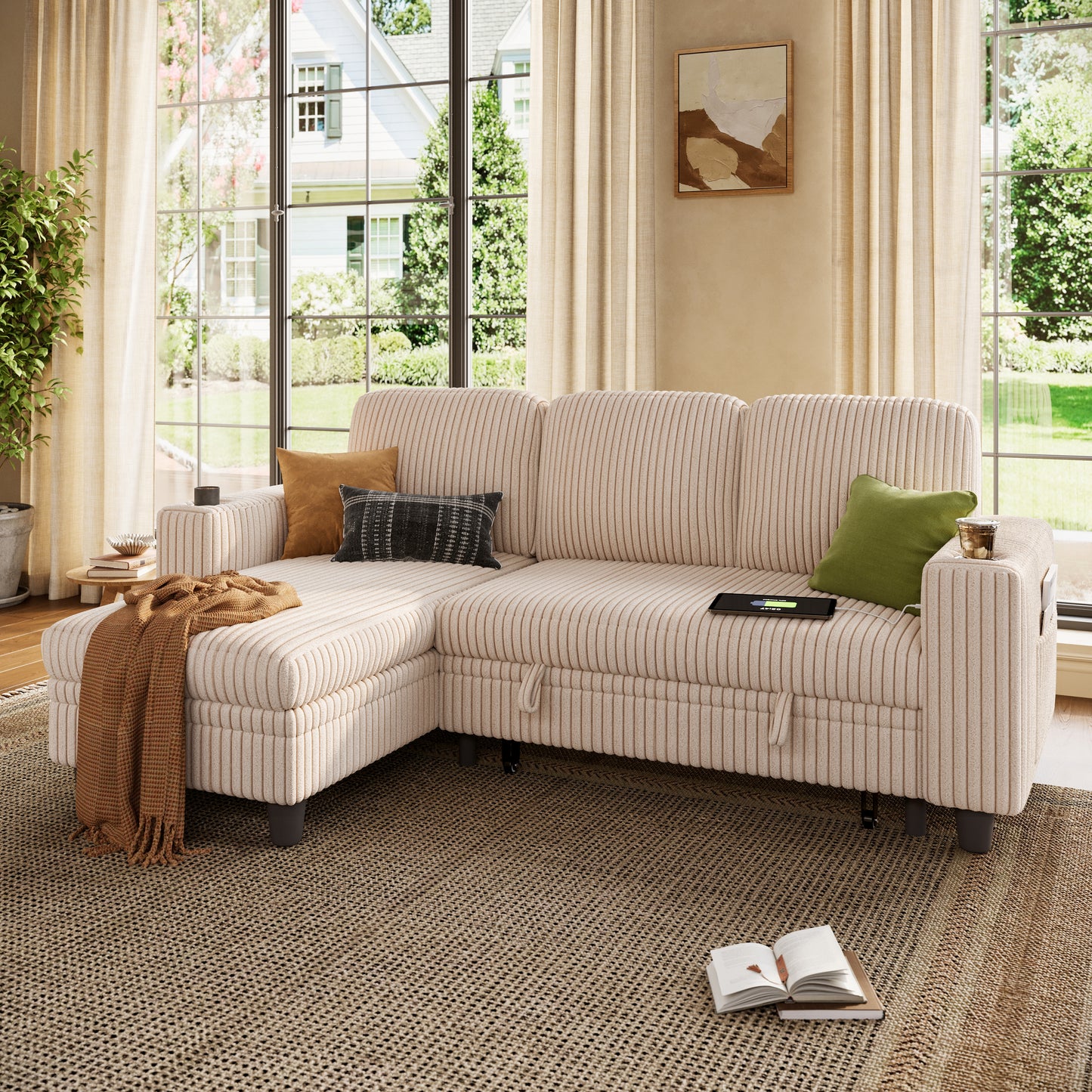 3 Seats with Ottoman, Convertible Plush Corduroy Cloud Couch