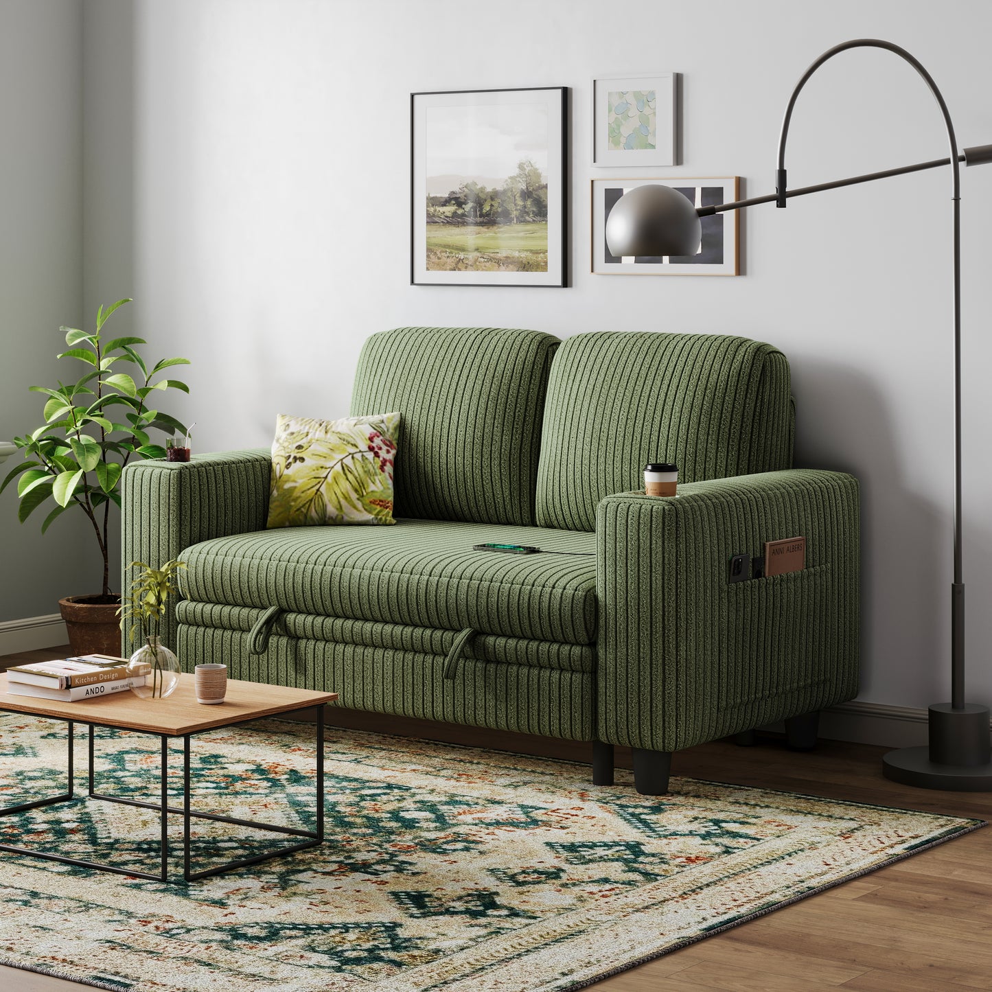 Loveseat Sofa with Storage - Comfy Plush Corduroy 2 Seater Sofa