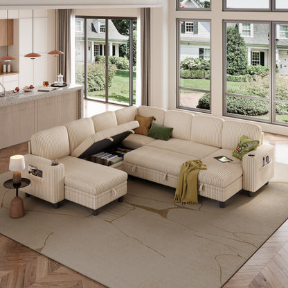 7 Seats with 3 Ottomans, Convertible Plush Corduroy Cloud Couch