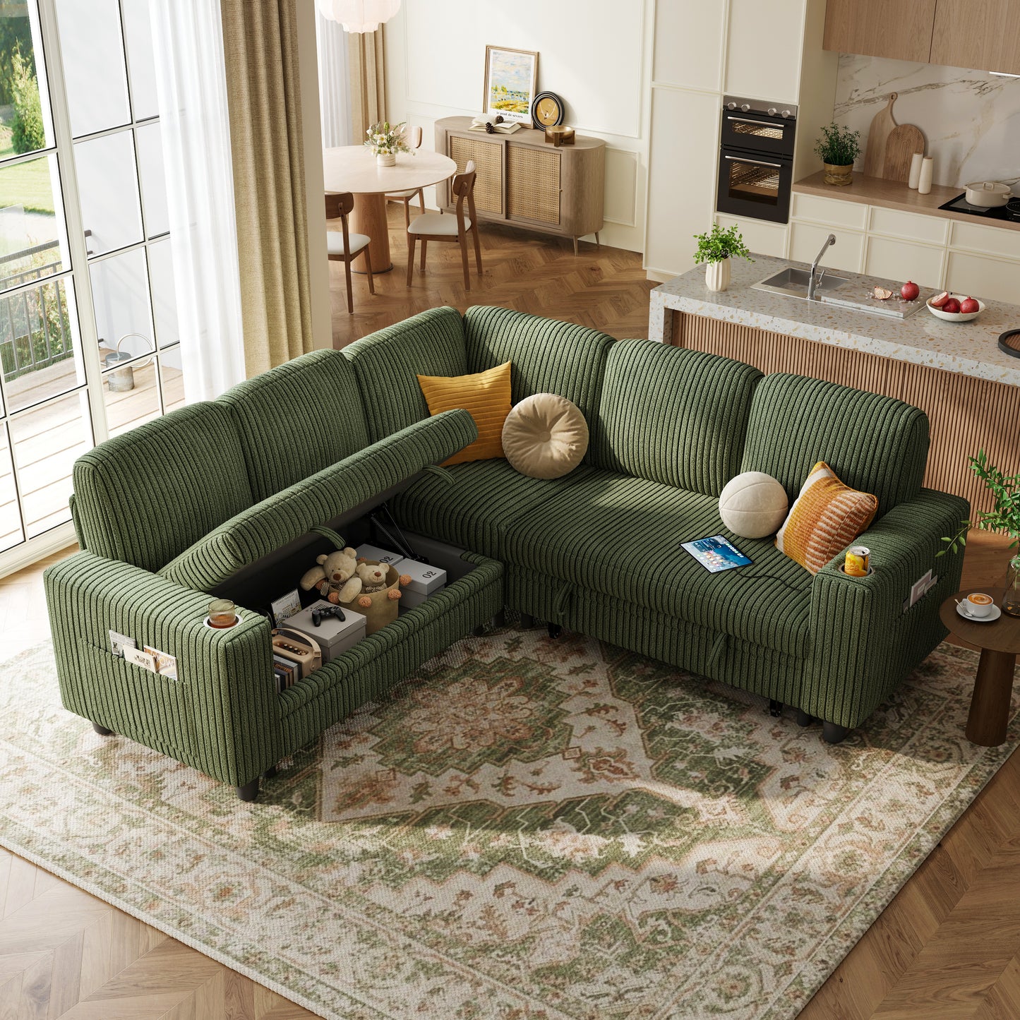 5 Seats with Ottoman, Convertible Plush Corduroy Cloud Couch