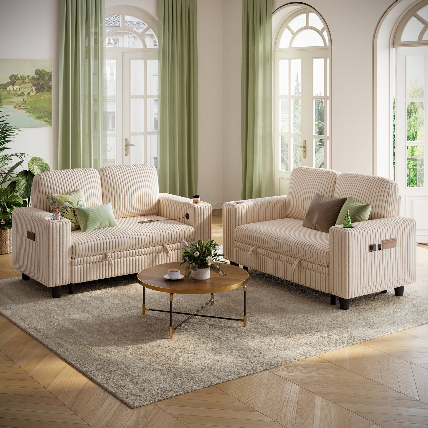 Loveseat Sofa with Storage - Comfy Plush Corduroy 2 Seater Sofa
