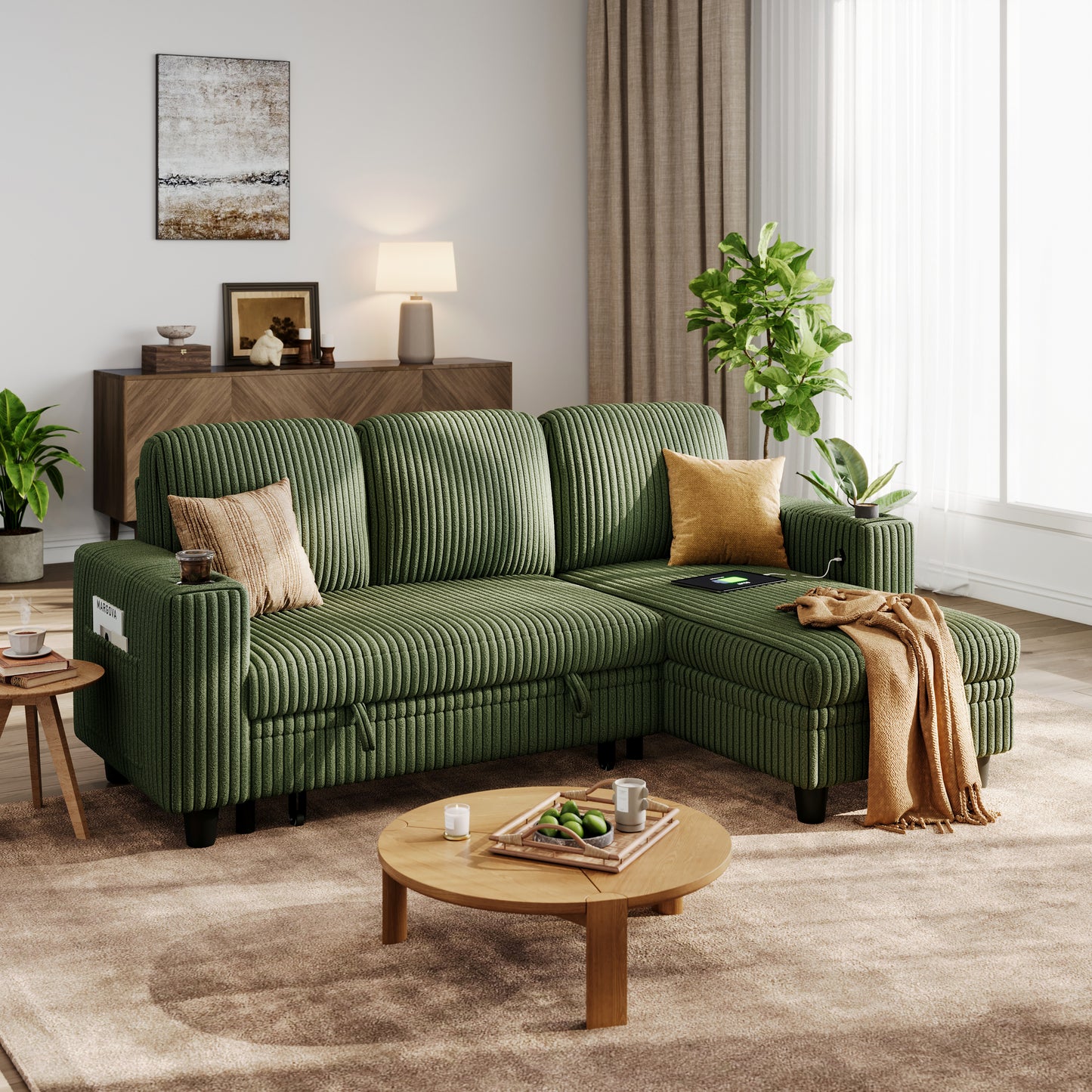 3 Seats with Ottoman, Convertible Plush Corduroy Cloud Couch